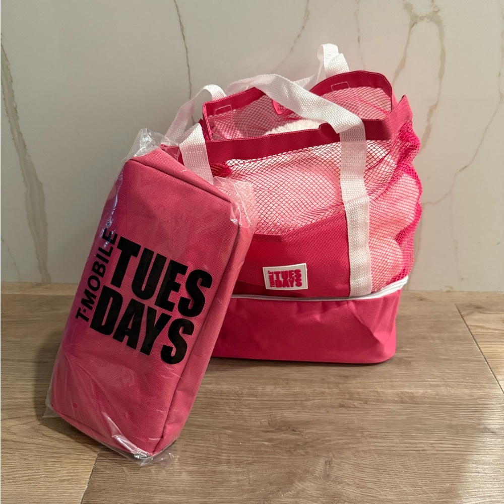 Pink Mesh Tote Bag and Pouch Set